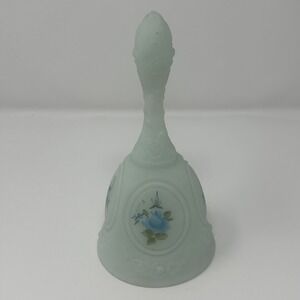 Fenton Blue Roses On Blue Satin 7" Medallion Bell Vintage Artist Signed